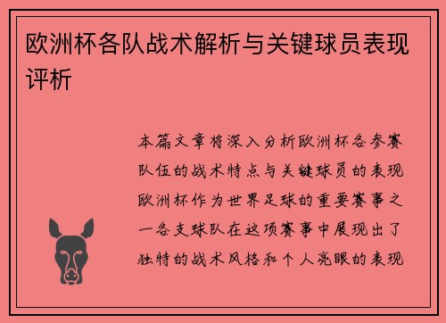 欧洲杯各队战术解析与关键球员表现评析