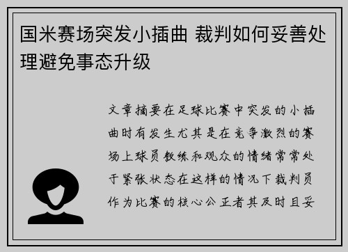 国米赛场突发小插曲 裁判如何妥善处理避免事态升级