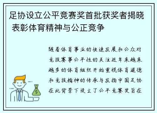 足协设立公平竞赛奖首批获奖者揭晓 表彰体育精神与公正竞争