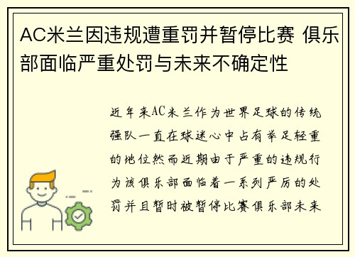 AC米兰因违规遭重罚并暂停比赛 俱乐部面临严重处罚与未来不确定性